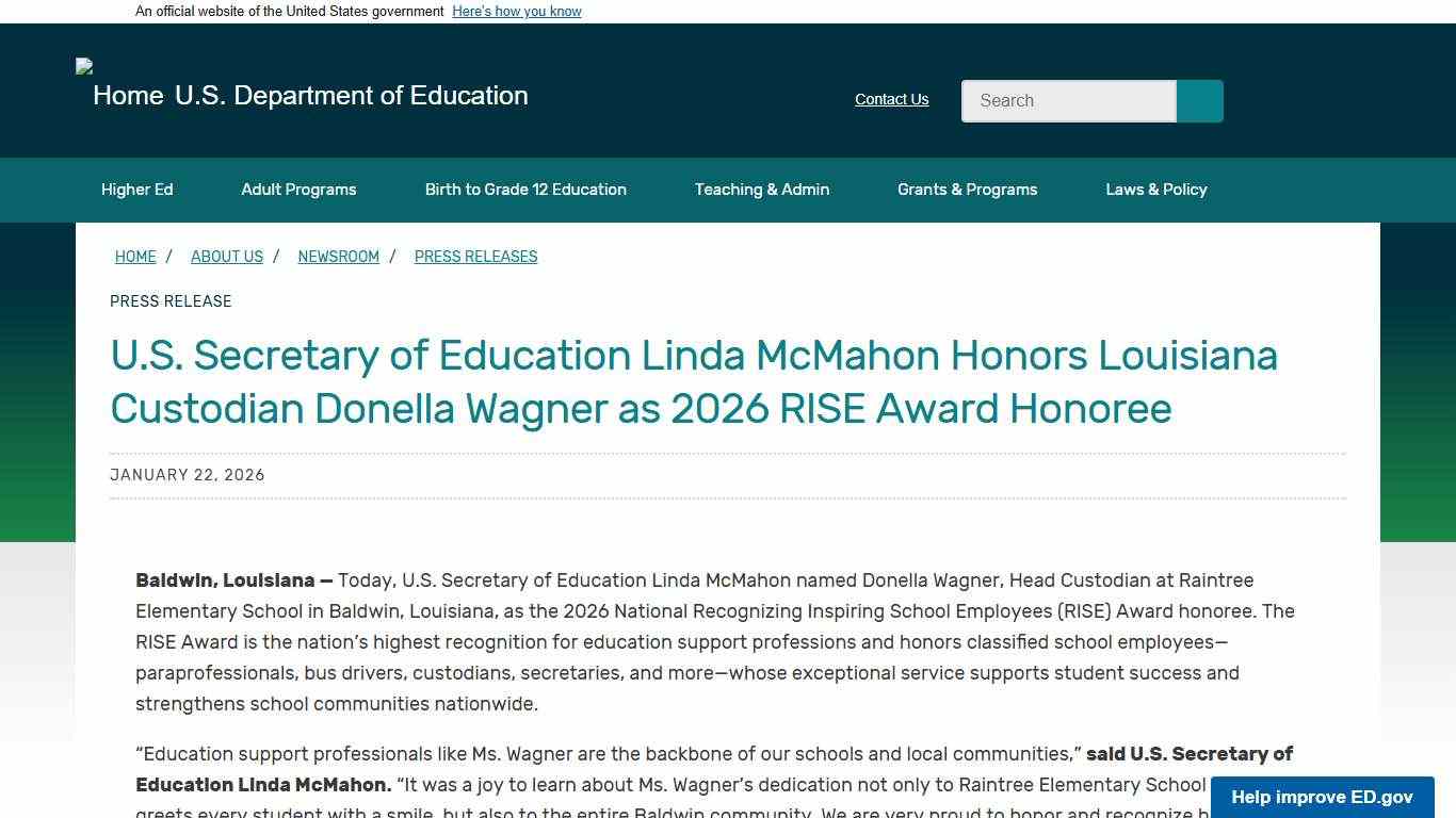 U.S. Secretary of Education Linda McMahon Honors Louisiana Custodian Donella Wagner as 2026 RISE Award Honoree U.S. Department of Education